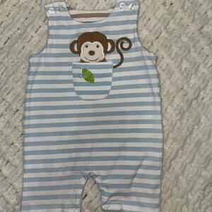 Maison Chic Mike the Monkey Sunsuit Romper 12 Months blue white stripe